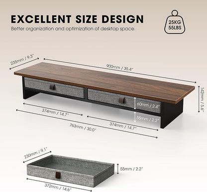 Fenge Monitor Stand with Drawer, 2 Tiers Dual Monitor Riser for Desk, 35 Inch Computer Stand for 2 Monitors, Desk Shelf for Home, Office, Laptop, PC, TV, Printer