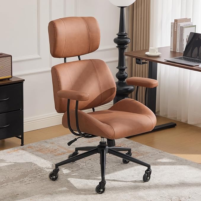 E-Motie Ergonomic Leather Office Chair, Computer Desk Chair, Brown | Adjustable Headrest, 360° Swivel & Rolling Wheels, Lumbar Support, Padded Arms, High Back, for Long Hours Sitting