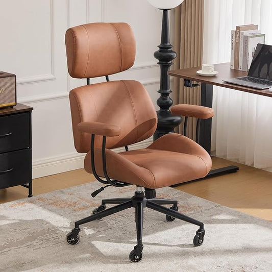 E-Motie Ergonomic Leather Office Chair, Computer Desk Chair, Brown | Adjustable Headrest, 360° Swivel & Rolling Wheels, Lumbar Support, Padded Arms, High Back, for Long Hours Sitting