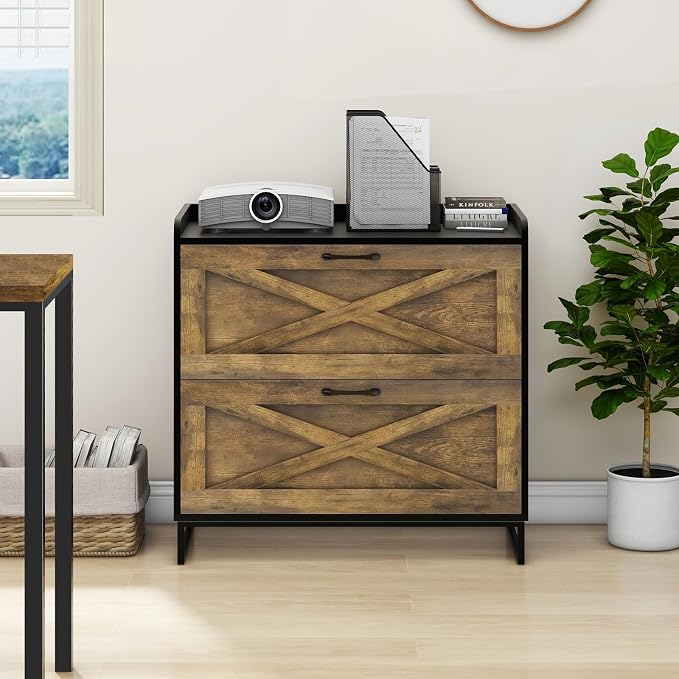 Halitaa Lateral File Cabinet with Charging Station, 2 Drawer File Cabinet for Letter/Legal/A4 Size Hanging Files, Large Wood File Storage Cabinets, Rustic Brown and Black