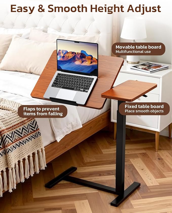 Simple Deluxe Standing Rolling Desk with Hidden Casters, Height Adjustable Pneumatic Mobile Laptop Desk, Tilting Bedside Table for Laptop, Overbed Bedside Table Hospital Home Use, Brown