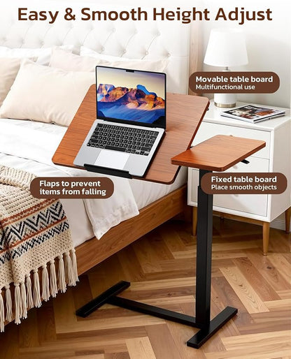Simple Deluxe Standing Rolling Desk with Hidden Casters, Height Adjustable Pneumatic Mobile Laptop Desk, Tilting Bedside Table for Laptop, Overbed Bedside Table Hospital Home Use, Brown