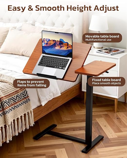 Simple Deluxe Standing Rolling Desk with Hidden Casters, Height Adjustable Pneumatic Mobile Laptop Desk, Tilting Bedside Table for Laptop, Overbed Bedside Table Hospital Home Use, Brown