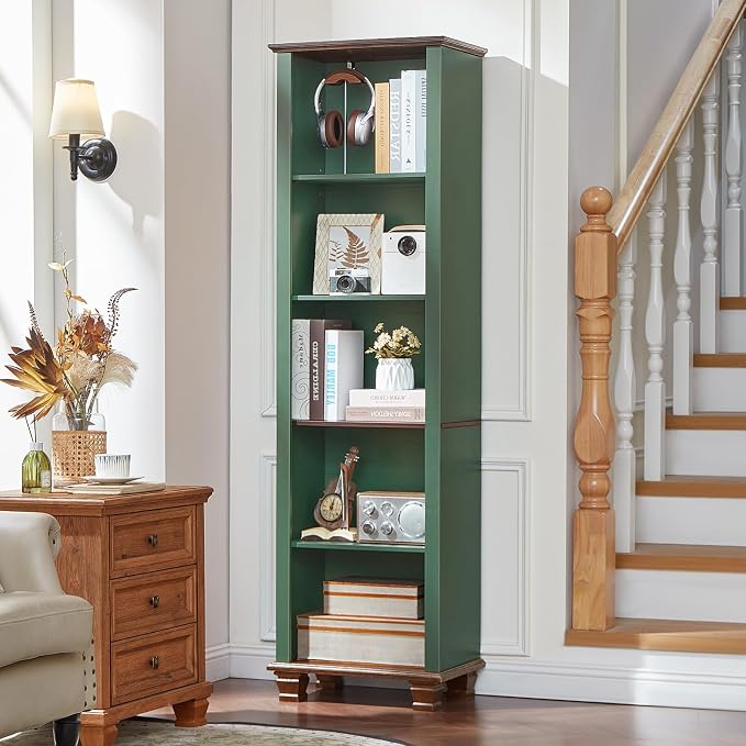SAVOR LIFE 70" Tall Narrow Book Shelf, Wood Skinny Bookshelf with Adjustable Shelves & Wooden Legs, Farmhouse Bookcase w/5-Tier Storage, Free Standing Bookshlves for Office, Living Room, Green, 2PCS