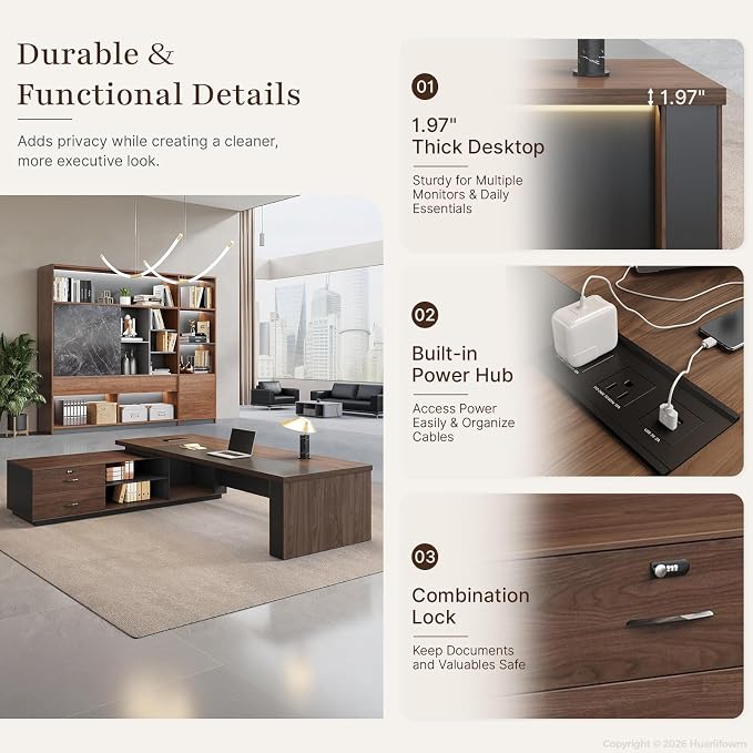 95" Reversible L-Shaped Executive Desk with Locking Drawers, Large Office Desk for CEO and Manager Office, Power Outlet, USB Ports, Storage Shelves, Privacy Panel and LED Light, Walnut Gray