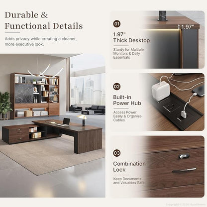 95" Reversible L-Shaped Executive Desk with Locking Drawers, Large Office Desk for CEO and Manager Office, Power Outlet, USB Ports, Storage Shelves, Privacy Panel and LED Light, Walnut Gray