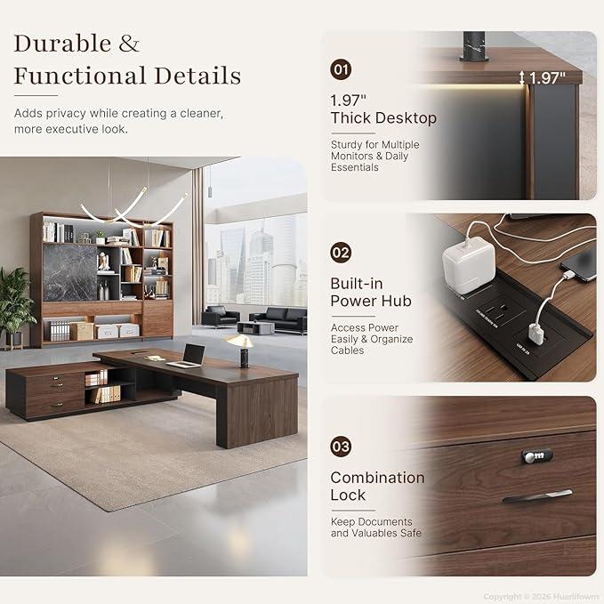 79" Reversible L-Shaped Executive Desk with Locking Drawers, Large Office Desk for Manager Office, Power Outlet, USB Ports, Storage Shelves, Privacy Panel and LED Light, Walnut Gray