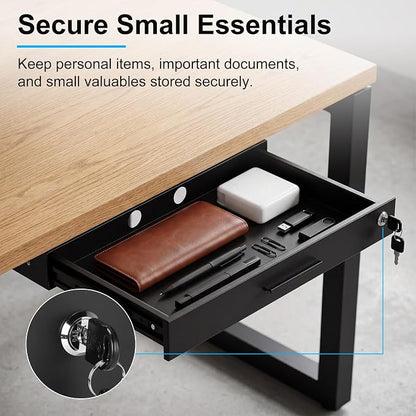 Menkxi 20'' x 9'' Under Desk Drawer Slide Out Storage Organizer, Lockable Metal Desk Drawer for Laptop and Office Accessories, Large Hidden Under Table Storage Box with Cable Management, Black