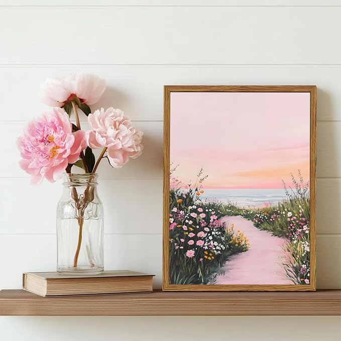 Framed Vintage Landscape Wall Art, Pink Floral Coastal Pictures Wall Decor, Rustic Wildflower Nature Paintings Canvas Prints Home Decor Aesthetic for Living Room Bedroom Bathroom 16x24 inch