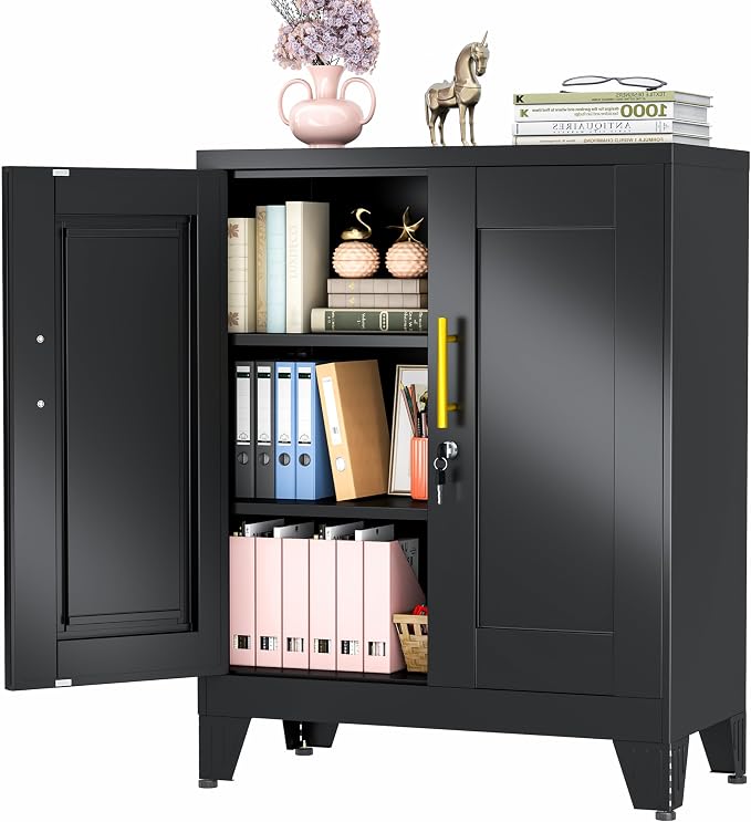 winiowa Tall Metal Storage Cabinet with Lock, Locking File Cabinet with 2 Doors and 2 Adjustable Shelves, Black Lockable Organizer for Home Office Garage（27.6" W）