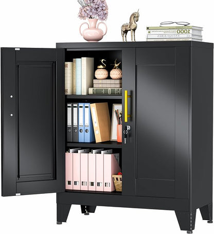 winiowa Tall Metal Storage Cabinet with Lock, Locking File Cabinet with 2 Doors and 2 Adjustable Shelves, Black Lockable Organizer for Home Office Garage（27.6" W）