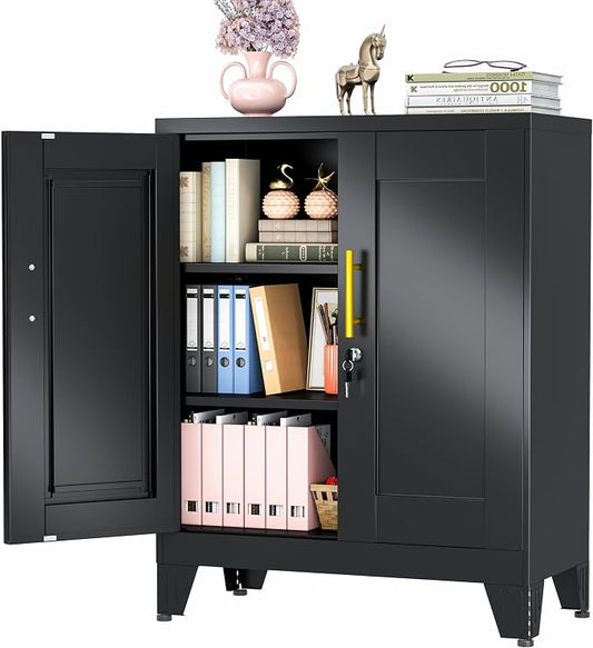 winiowa Tall Metal Storage Cabinet with Lock, Locking File Cabinet with 2 Doors and 2 Adjustable Shelves, Black Lockable Organizer for Home Office Garage（27.6" W）