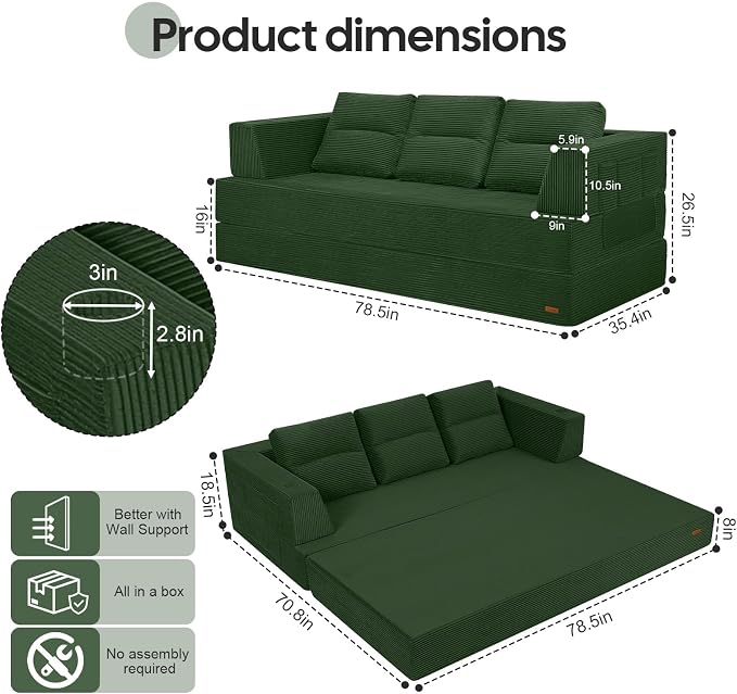 COMAX Futon Sofa Bed Queen, 79" Convertible Sofa Bed Couches for Living Room, 4 in 1 Folding Boneless Sleeper Corduroy Couch Loveseat Foam In a Box, Comfy Foldable Lounge Fold Out Floor Mattress Green