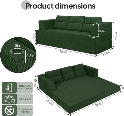 COMAX Futon Sofa Bed Queen, 79" Convertible Sofa Bed Couches for Living Room, 4 in 1 Folding Boneless Sleeper Corduroy Couch Loveseat Foam In a Box, Comfy Foldable Lounge Fold Out Floor Mattress Green