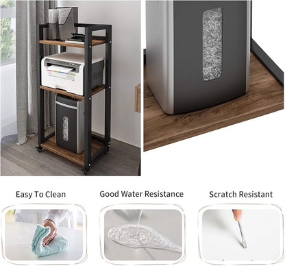 Natwind 3-Tier Movable Printer Stand Floor-Standing Desk Side Shredder Stand Computer Host Holder Adjustable Storage Shelf Rack on Wheels for Fax Scanner File Book (Retro)