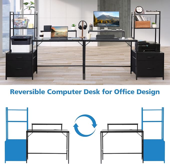 KATHY&BOB 59.1" Computer Desk with Power Outlets and Storage Shelves, Reversible Home Office Desk with 2 Fabric Drawers, Sturdy Writing Table with Detachable Monitor Stand for Small Spaces