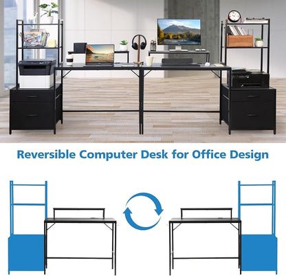 KATHY&BOB 59.1" Computer Desk with Power Outlets and Storage Shelves, Reversible Home Office Desk with 2 Fabric Drawers, Sturdy Writing Table with Detachable Monitor Stand for Small Spaces