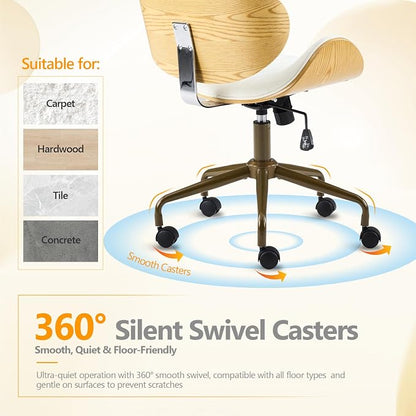 VINGLI Wide Comfotable Swivel Home Office Chair with Wood-Grain Curved Shell,Ergomomic Mid-Back Padded Armless Rolling Desk Chair with Wheels,Height Adjustable for Computer,Task,Work,PU Leather,White
