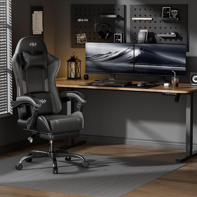 HLDIRECT Gaming Chair, Ergonomic Video Game Seat with 360° Swivel & Lumbar Massage, Computer Chair PU Leather Cushion for Adults Home/Office Use (Black & Grey)