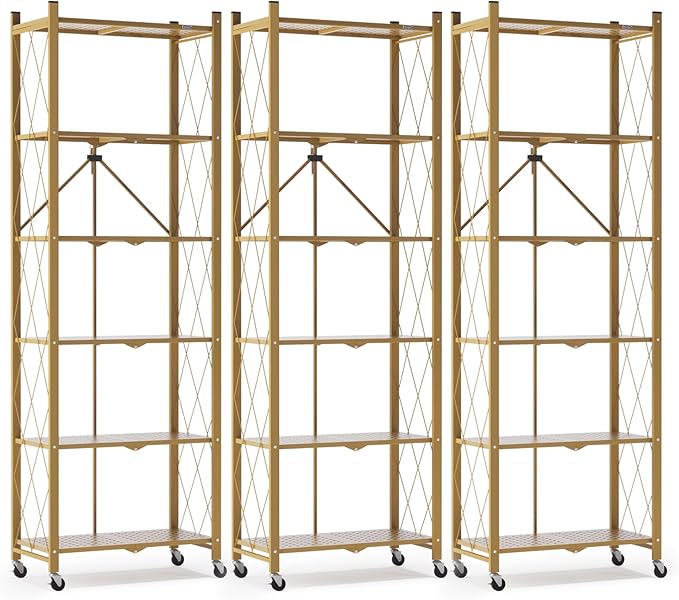 ALANNG 73.6 Inch Folding Bookshelf, 6 Tier Metal Bookcase and Bookshelves, Tall Shelves for Living Room Office Bedroom, Heavy Duty Book Shelve Free Standing Open (Gold, 3PACK)