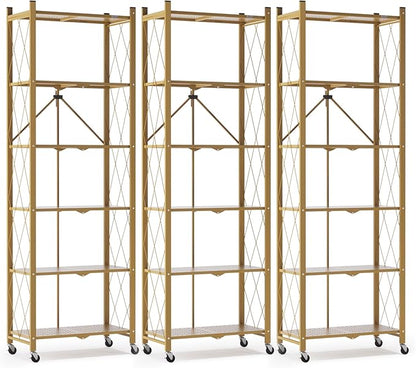 ALANNG 73.6 Inch Folding Bookshelf, 6 Tier Metal Bookcase and Bookshelves, Tall Shelves for Living Room Office Bedroom, Heavy Duty Book Shelve Free Standing Open (Gold, 3PACK)