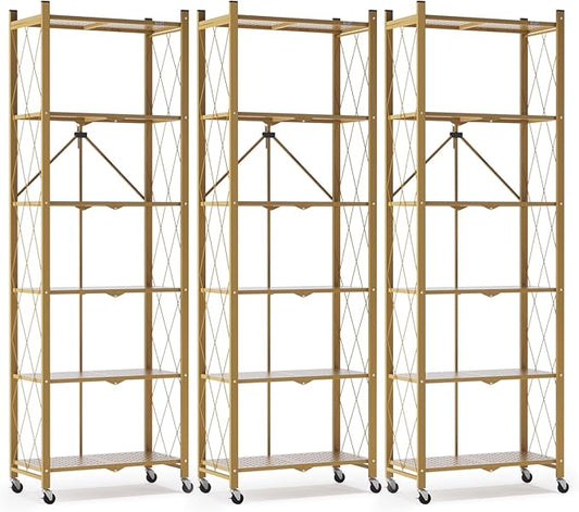 ALANNG 73.6 Inch Folding Bookshelf, 6 Tier Metal Bookcase and Bookshelves, Tall Shelves for Living Room Office Bedroom, Heavy Duty Book Shelve Free Standing Open (Gold, 3PACK)