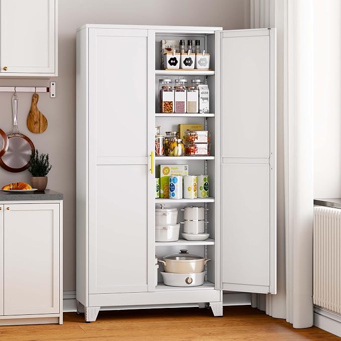 pozdeg 75" Tall Metal Storage Cabinet with 2 Doors & 5 Adjustable Shelves, Widen Steel File Cabinet Multipurpose Organizer for Home Office Garage (White)