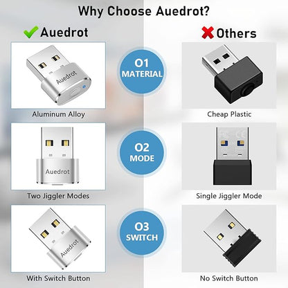 AUEDROT Mouse Jiggler Undetectable Metal USB Mouse Mover with Switch Button, Automatic Mini Mouse Shaker with 2 Jiggle Modes, Plug and Play, Keep Computer/Laptop Awake, Silver, 2 PCS