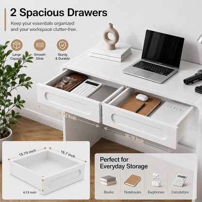 Writing Desk with 2 Drawers, Home Office Computer Desk for Small Spaces | White Study Desk for Bedroom, Compact Workstation Table, Vanity Desk for Apartment and Dorm Room