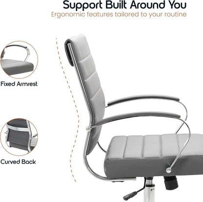 LeisureMod Benmar Leather Office Desk Chair, Mid-Back Ergonomic Swivel Chair with Lumbar Support, Adjustable Height, Tilt Lock, Cushioned Seat & Back, Home Office Task Chair (Grey, Pallet)