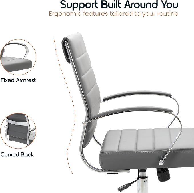 LeisureMod Benmar Leather Office Desk Chair, Mid-Back Ergonomic Swivel Chair with Lumbar Support, Adjustable Height, Tilt Lock, Cushioned Seat & Back, Home Office Task Chair (Grey, Set of 4)