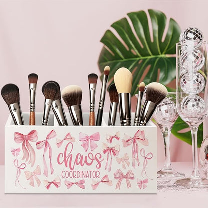 Thank You Appreciation Gifts for Women Boss Coworker Manager Nurse Employee Social Workers Wooden Pen Pencil Holder,Coquette Pink Bow Chaos Coordinator Makeup Brush Toothbrush Holder Organizer