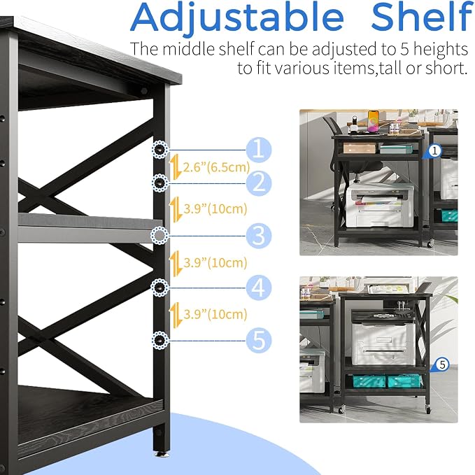 METYERRY Large Printer Stand with Power Outlet, with Height Adjustable Storage Shelf, 3 Tier Rolling Printer Cart with Industrial Wheels, 23.6 x 23.6 Inches Printer Table for Home Office,Black