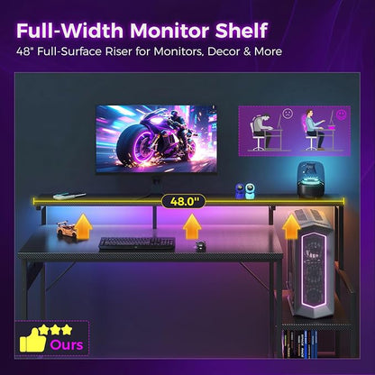 AODK 48 Inch Gaming Desk with LED Lights, Computer Desk with Storage Shelves, Reversible Desk with Monitor Stand, Carbon Fiber Black