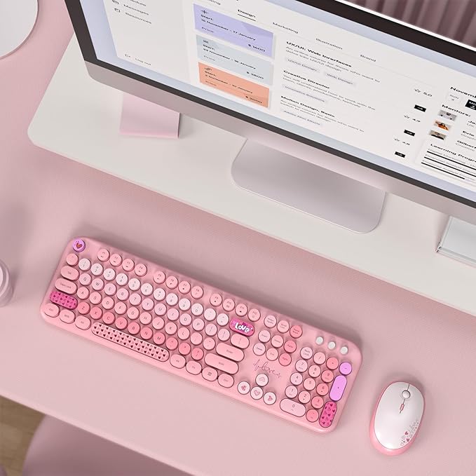 Dilter Wireless Keyboard and Mouse, Typewriter Full Size Keyboard with Number Pad and 2 in 1 USB Connected Mouse for Windows 7/8/10, Laptop, Desktop, PC, Computer (Pink Colorful)