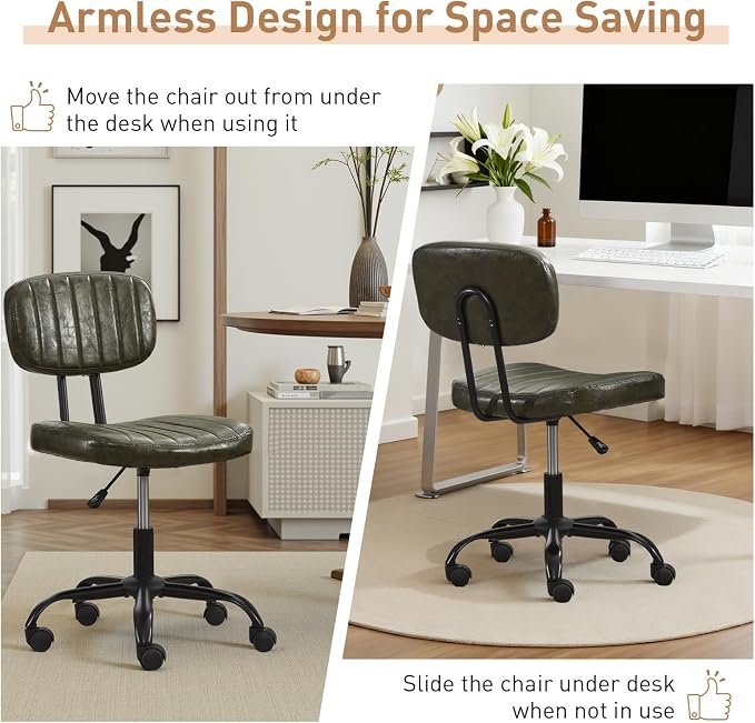 DRMBOOK Small Home Office Desk Chair with Wheels, Armless Comfy Vanity Chair Swivel Computer Task Chair No Arms, Modern Height Adjustable Low Back Rolling Chair for Small Space (PU Leather Green)