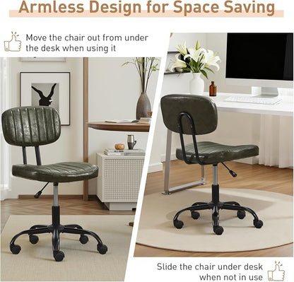 DRMBOOK Small Home Office Desk Chair with Wheels, Armless Comfy Vanity Chair Swivel Computer Task Chair No Arms, Modern Height Adjustable Low Back Rolling Chair for Small Space (PU Leather Green)