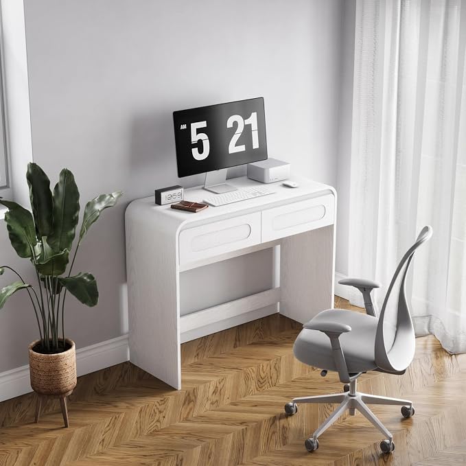 Writing Desk with 2 Drawers, Home Office Computer Desk for Small Spaces | White Study Desk for Bedroom, Compact Workstation Table, Vanity Desk for Apartment and Dorm Room
