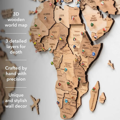 Enjoy The Wood 3D Wooden World Map Wall Art - Large Travel Map with Pins for Art Decor - Decorative Map of the World for Home, Office - Travel Wall Art Housewarming Gift Idea (Light, L, Unframed)