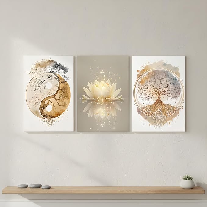 Tree of Life Wall Art Canvas Framed Set of 3 Lotus Zen Wall Decor Painting Poster Abstract YinYang Fall Art Picture Print Artwork for Living Room Yoga Room Bedroom Home Decoration 16x24 inch