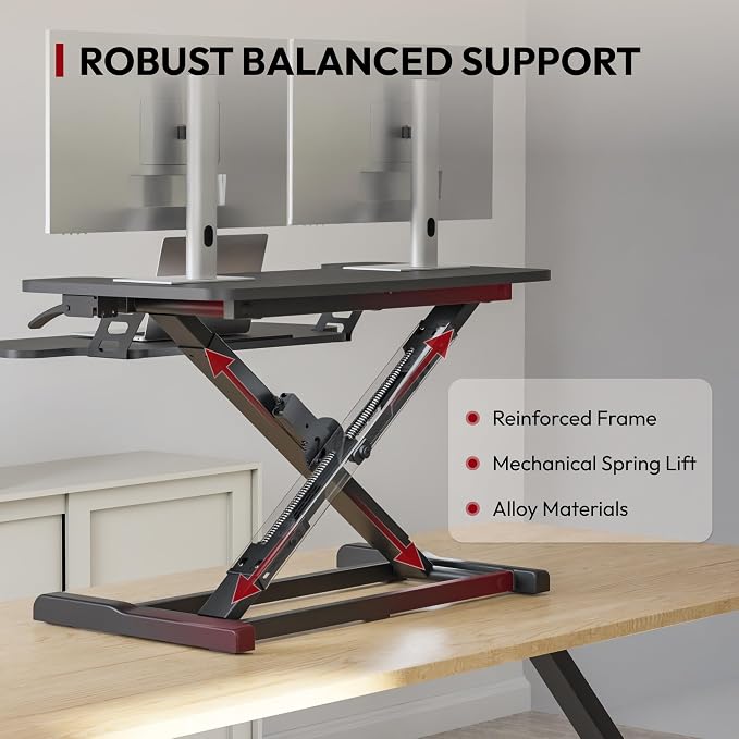 SANODESK 32" Height Adjustable Standing Desk Converter, Desk Riser Sit Stand Workstation for Home Office Laptop & Dual Monitor Setup, Ergonomic Lift Platform, Black
