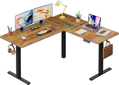 DEVAISE 63 Inch L Shaped Electric Standing Desk, 3 Adjustable Computer Desk for Home Office, Sit to Stand Desk with LED Touchscreen，Headphone Hook, 3 Memory Preset, with Split Top, Rustic Brown