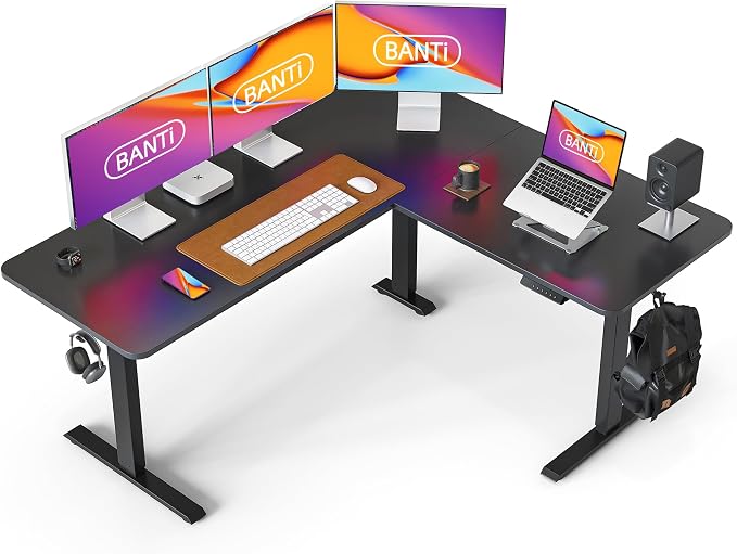 BANTI L-Shaped Standing Desk - 63 x 55 Inch Adjustable Corner Standing Desk with Charging Station - L Shape Sit Stand Table with Memory Controller, Splice Board for Home Office, Black