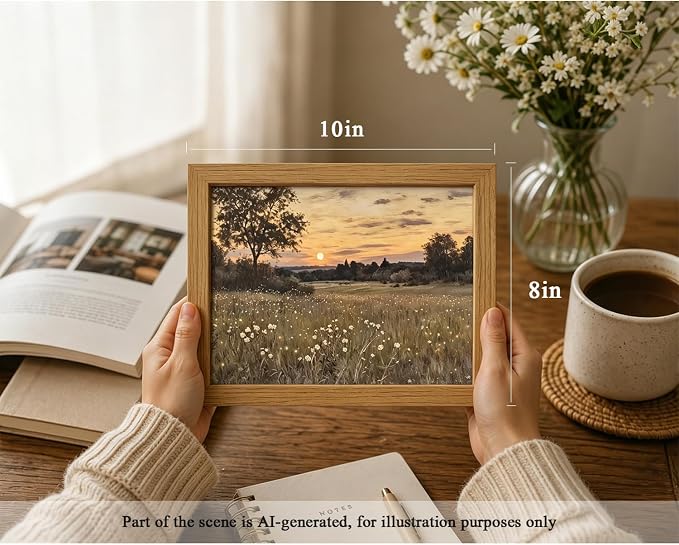 CXQILVER Vintage Framed Meadow Sunset Wall Art, Rustic Twilight Field Landscape Canvas Wall Decor Wildflowers Firefly Poster Print Farmhouse Nature Painting Artwork for Living Room Bedroom 8x10 Inch