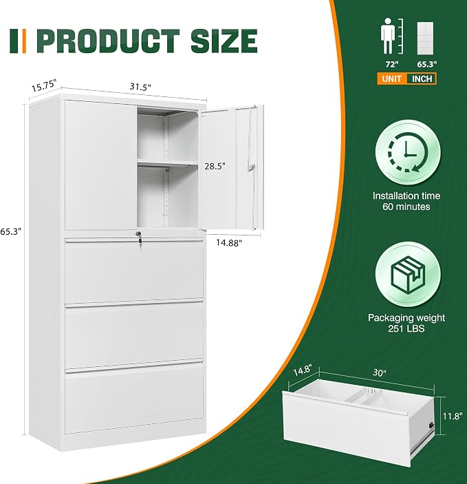 Letaya 3 Drawer Metal Storage Cabinets for Home Office,File Cabinet with Lock and 2 Adjust Shelves-Hang Filing Legal/Letter/A4/F4 Size（White）