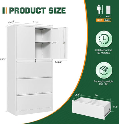 Letaya 3 Drawer Metal Storage Cabinets for Home Office,File Cabinet with Lock and 2 Adjust Shelves-Hang Filing Legal/Letter/A4/F4 Size（White）