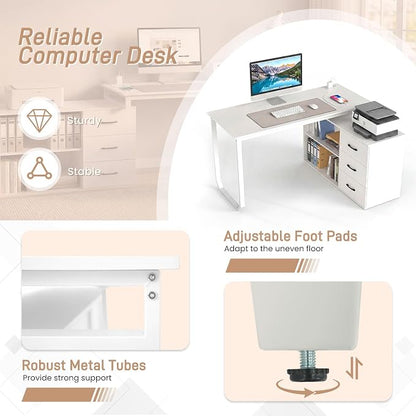 GOFLAME Reversible L Shaped Computer Desk with Charging Station, 55” Home Office Desk with 3 Drawers, 3-Level Adjustable Shelf, Convertible Study Writing Desk for Small Space, White