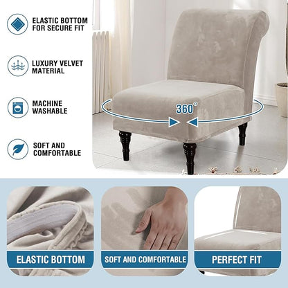 H.VERSAILTEX Armless Accent Chair Covers Thick Velvet Armless Chair Slipcovers High Stretch Chair Covers for Living Room Hotel Machine Washable Furniture Protector with Elastic Bottom, Oatmeal