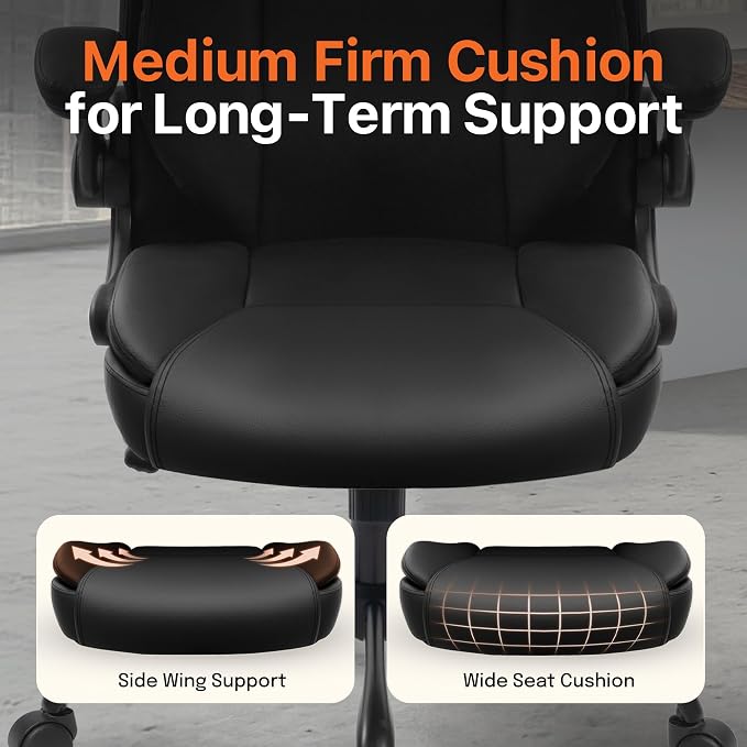NEO CHAIR Office Desk Gaming Computer Home Chair Ergonomic Executive High Back Support Flip-up Arms Adjustable Height Swivel Rolling Wheels Comfy PU Leather (Black)