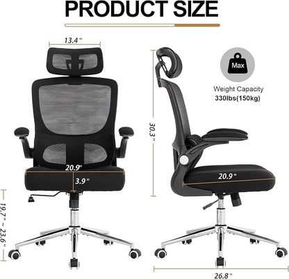 Ergonomic Office Chair,Home Mesh Office Desk Chairs,High Back Chair 330 LBS,Swivel Computer Task Chair with Adjustable Lumbar Support,Up&Down Flip-Up Arms,Rocking Function (Black)